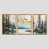 Abstract Mountain Lake Landscape with Pine Trees and Soaring Birds-3-Piece Framed Canvas Acrylic Wall Art